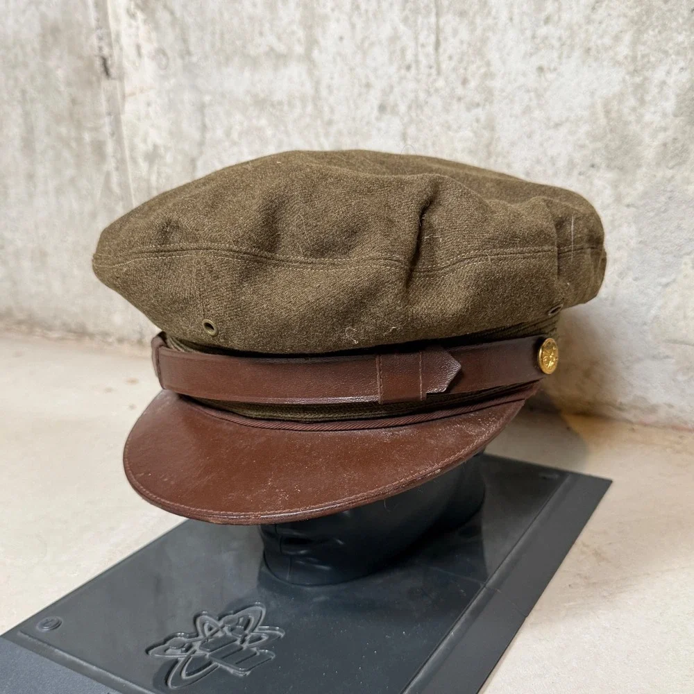 Vintage 1947 US Army Service Cap Frame Wool Olive Drab Leather Visor Size 7-1/8